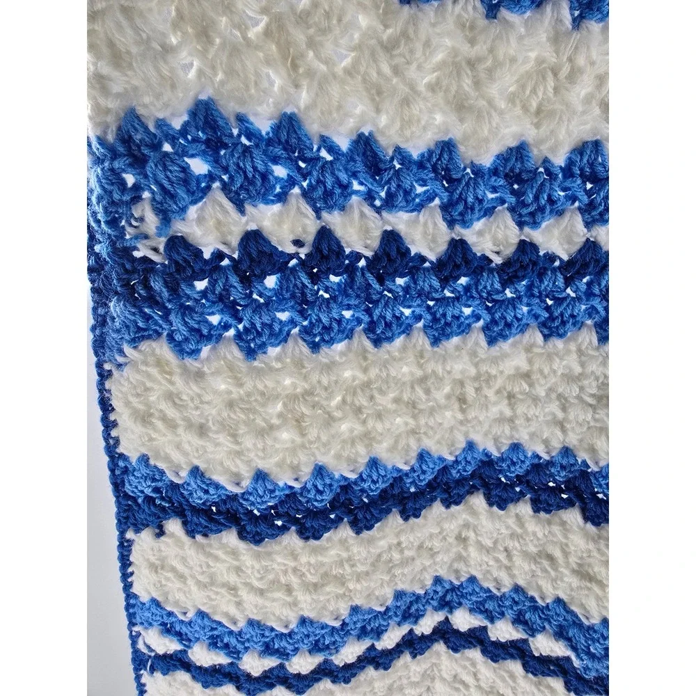 Handmade‎ Crochet Baby Blanket Blue White Striped Shell Stitch Throw 40x20